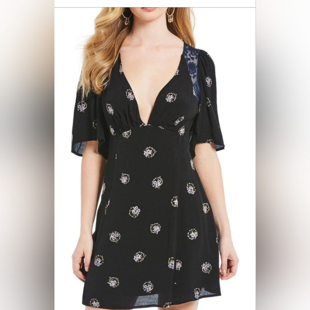 Free People‎ Black Floral V-Neck Mini Dress